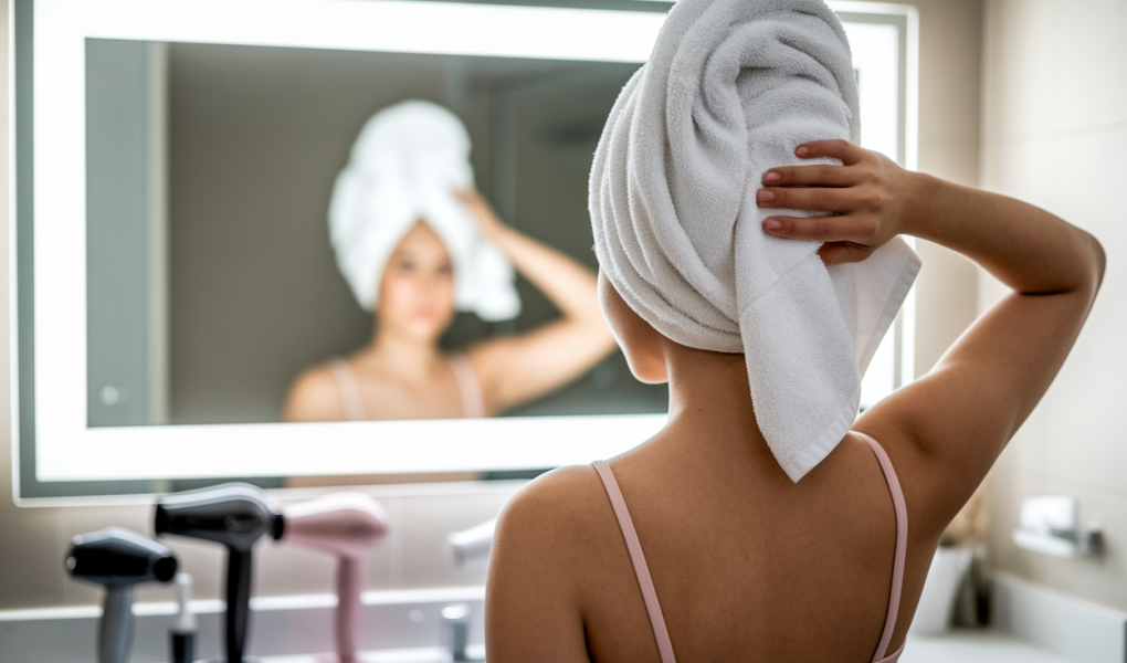 femme-dos-serviette-miroir-produits