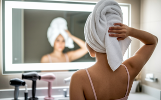 femme-dos-serviette-miroir-produits