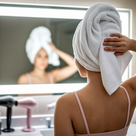 femme-dos-serviette-miroir-produits