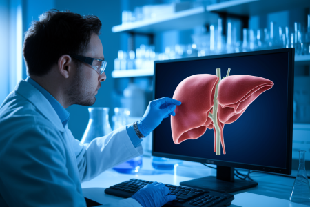 scientifique-blouse-modele3d-foie-ecran