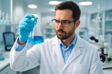 scientifique-laboratoire-moderne-fiole-bleue