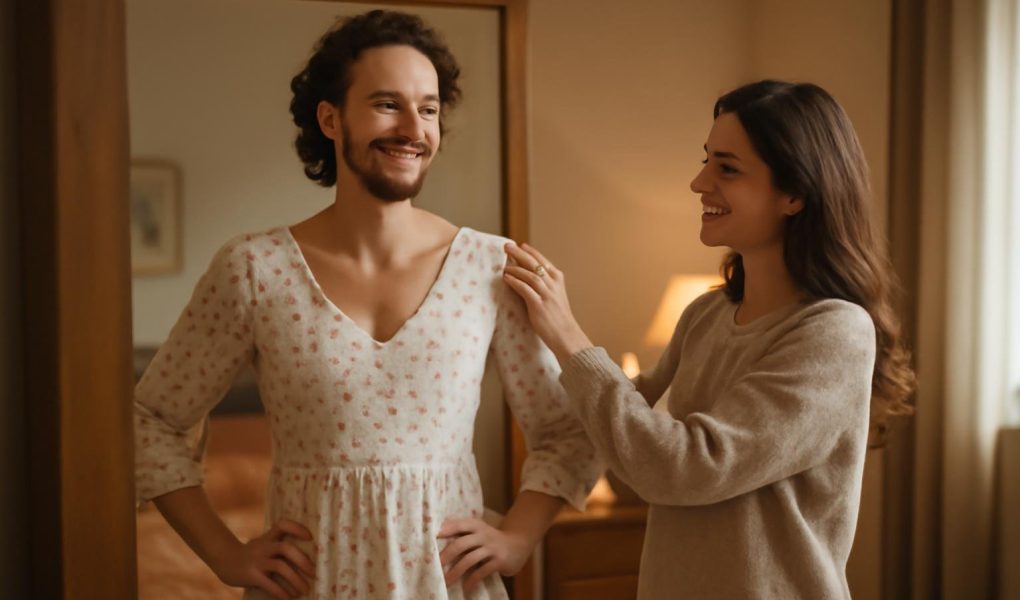 couple-souriant-robe-feminine-miroir