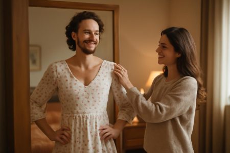 couple-souriant-robe-feminine-miroir