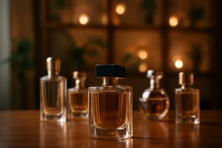 flacons-parfum-table-bois-elegante