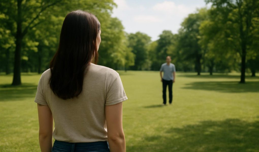 femme-dos-parc-arbres-ciel-bleu