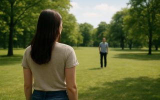 femme-dos-parc-arbres-ciel-bleu