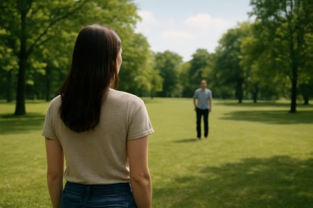 femme-dos-parc-arbres-ciel-bleu
