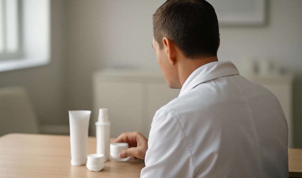 dermatologue-examine-produits-soin-cabinet