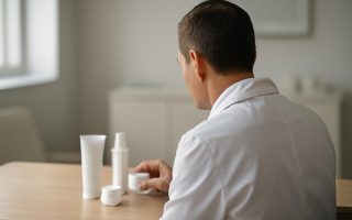 dermatologue-examine-produits-soin-cabinet