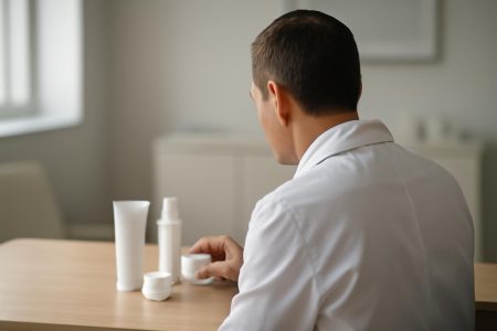 dermatologue-examine-produits-soin-cabinet